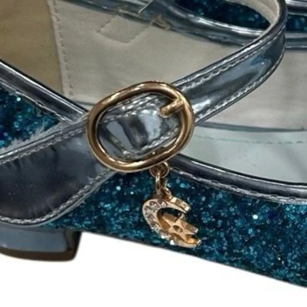 NWOT Jiadowang Dance Shoes Girls Size 31 Blue Glittered Crystal Flower Accent